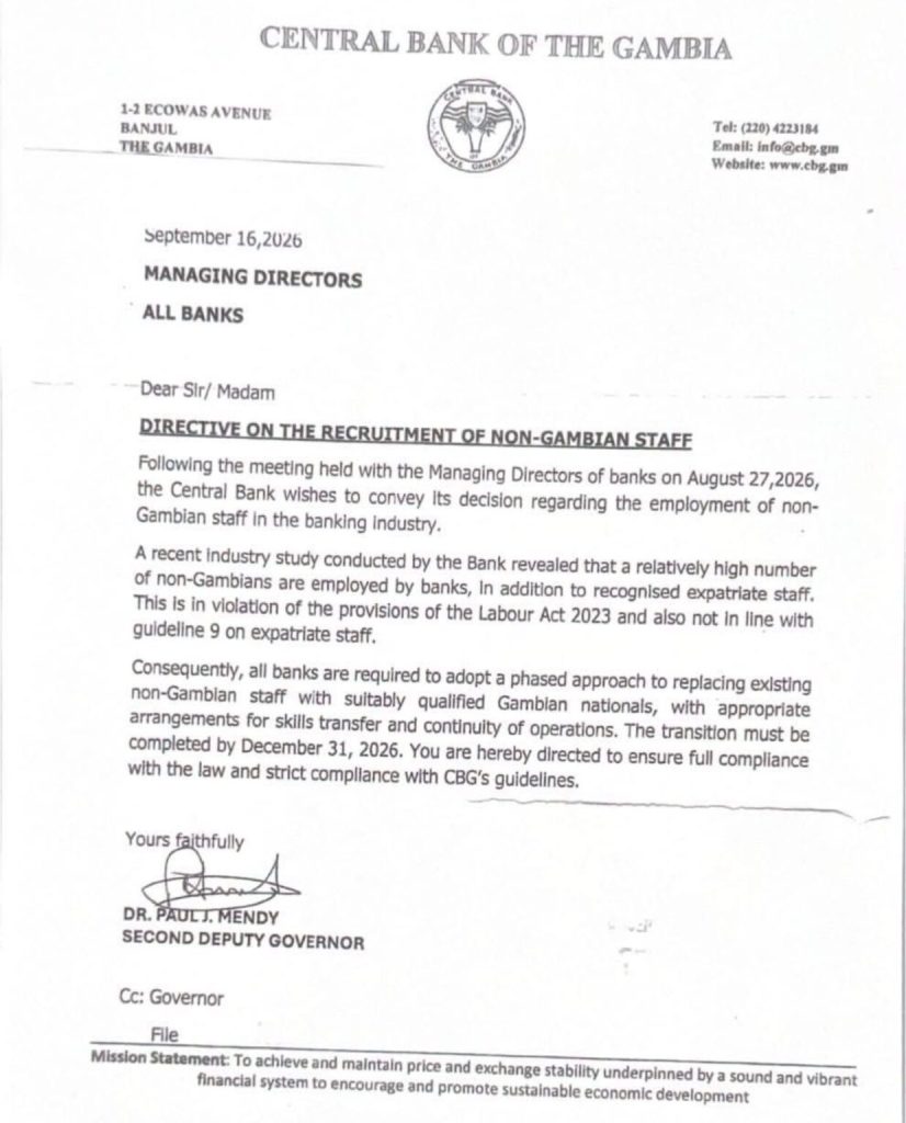 Gambia orders banks to replace non-Gambian staff with citizens by December 31